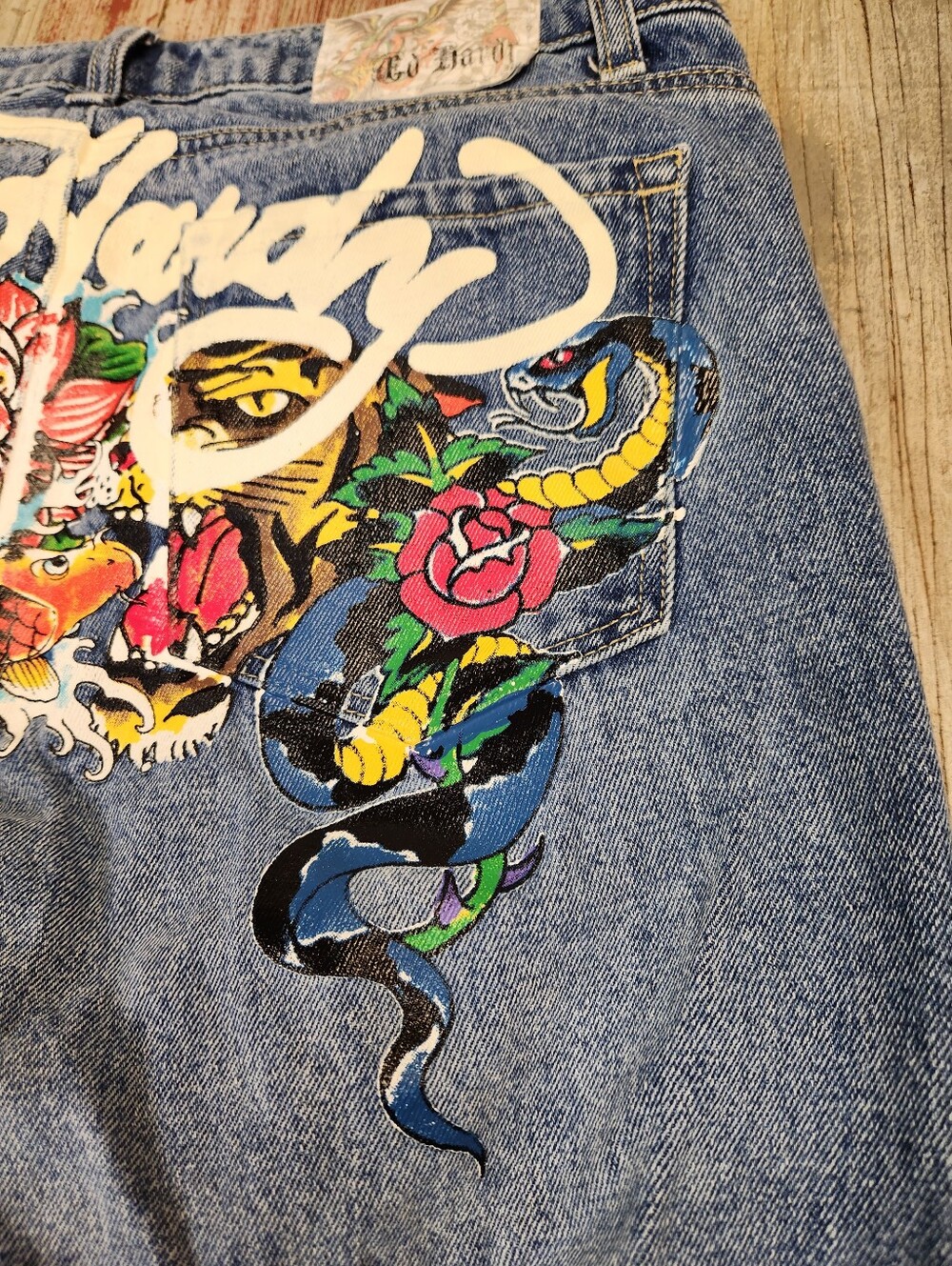 Ed Hardy Dragon Koi Tiger Tattoo Graphic Baggy Wide Leg Jeans Size 30 - Picture 6 of 14